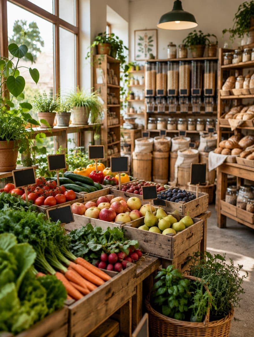 Bioladen mit frischem Obst und Gemüse in Holzkisten