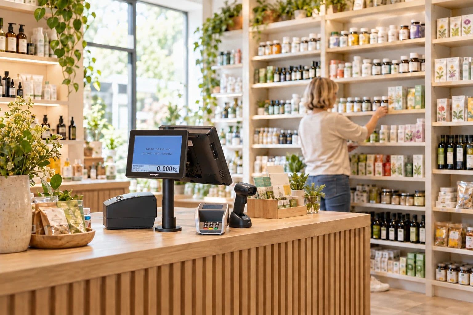 Kassenplatz mit beePOS-Terminal, Kartenterminal und Scanner im Reformhaus vor Regalen mit Naturwaren